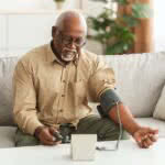 Problema de hipertensão na terceira idade. Homem afro-americano medindo pressão arterial usando esfigmomanômetro manguito sentado no sofá em casa. Cuidados de saúde, problema de saúde
